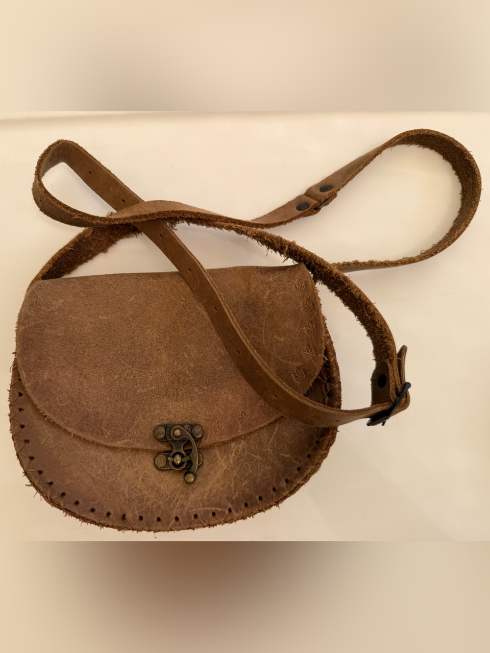 Brown Leather Crossbody Bag with Tooled Pattern